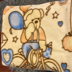 Vtg Fleece Yellow Baby Blanket Bear Bicycle Balloons Round Corners HTF